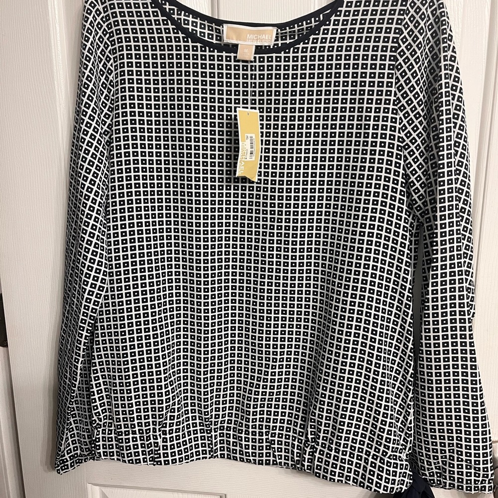Michael Kors Black and White Checkered Long Sleeve Top